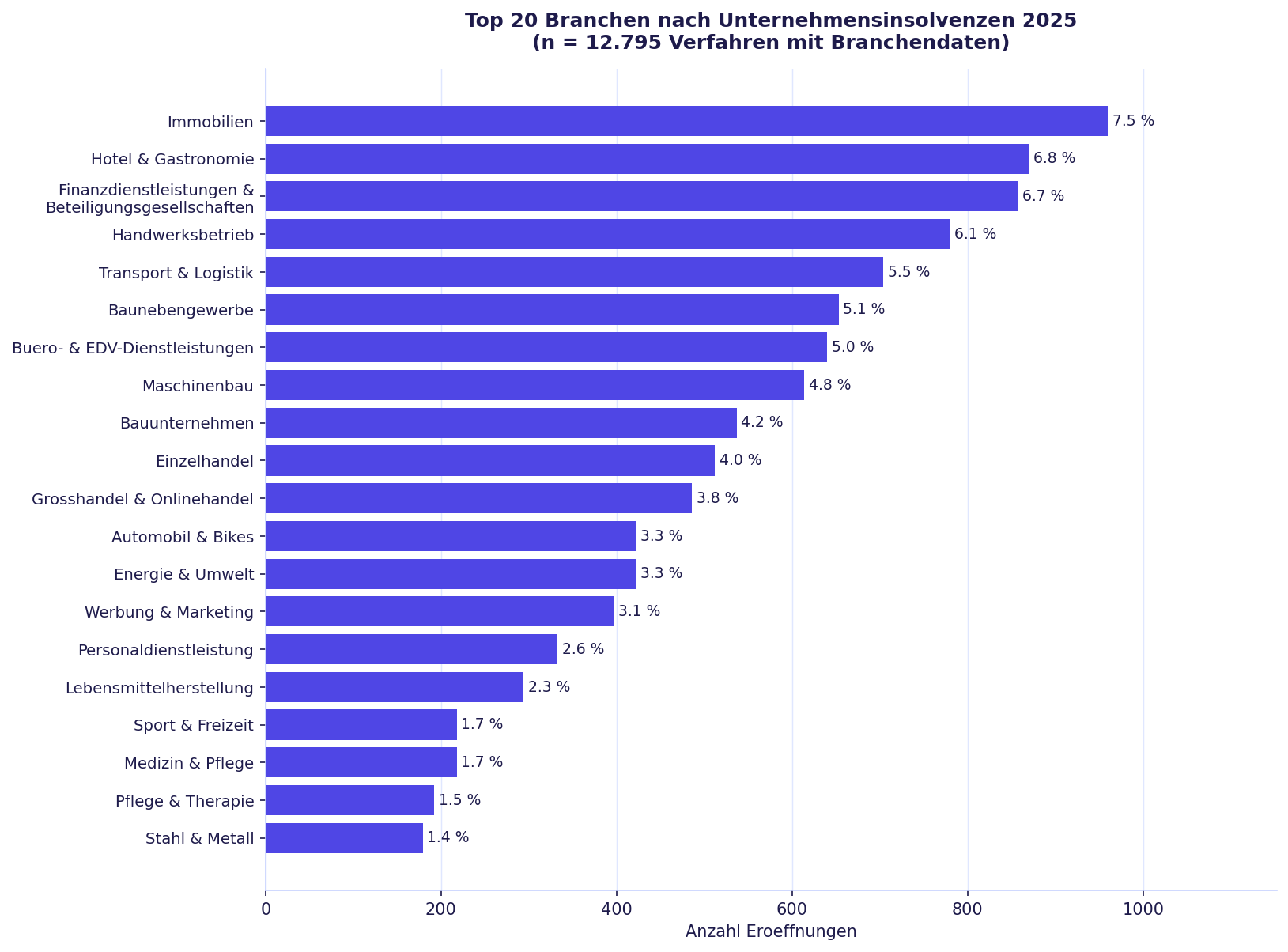 Abb. 2: Top 20 Branchen nach Unternehmensinsolvenzen 2025 (n = 12.841)